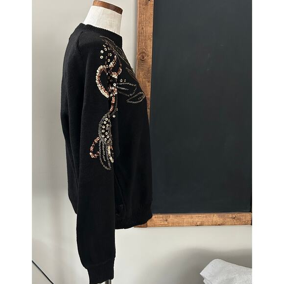 Vintage Christine Gerard Black Sequin Beaded Sweater M 80s Glam Party Dolman - Picture 8 of 11
